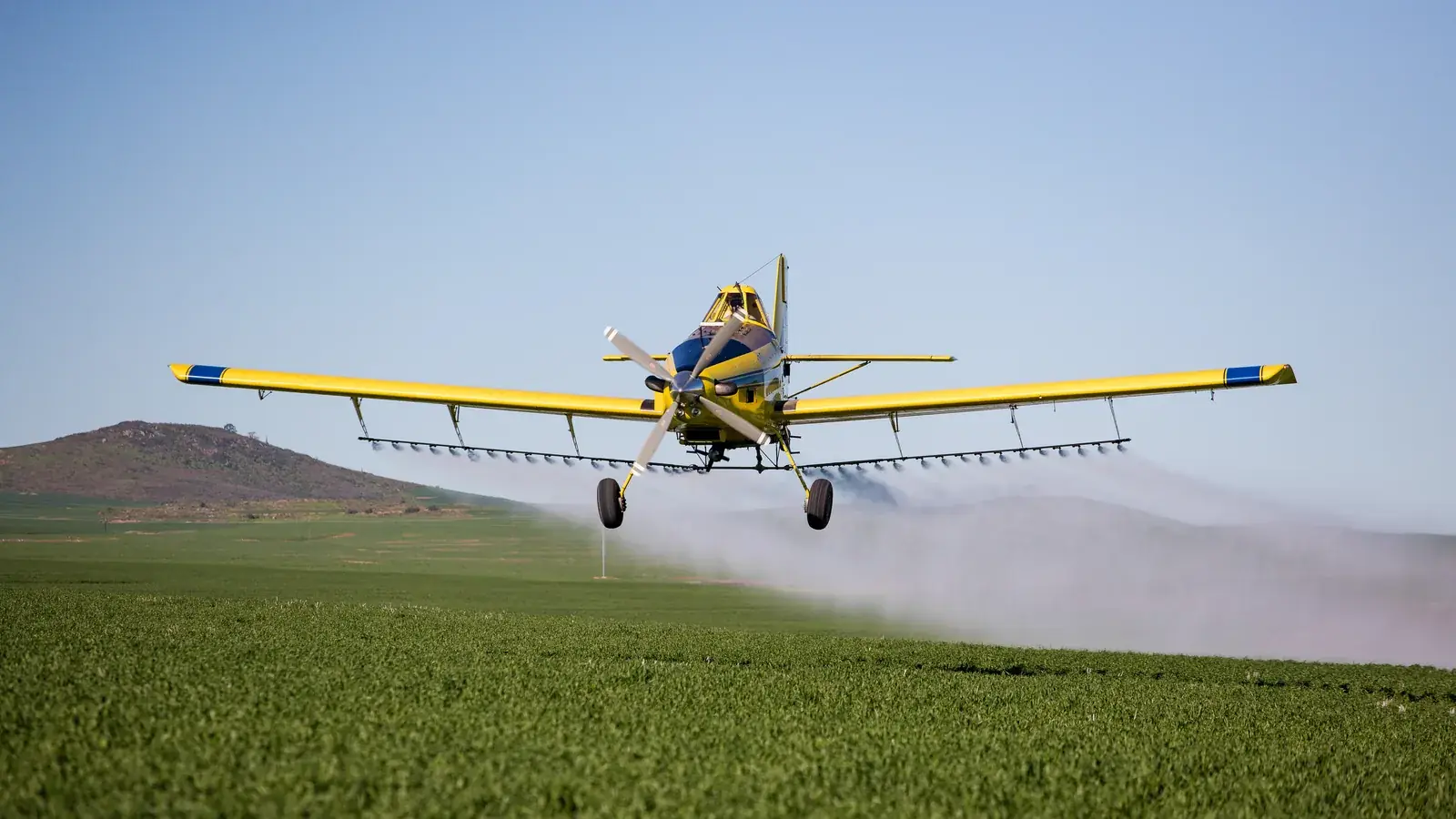 A yellow crop duster airplane spraying a green field at low level, the alternative most farms price a drone against.