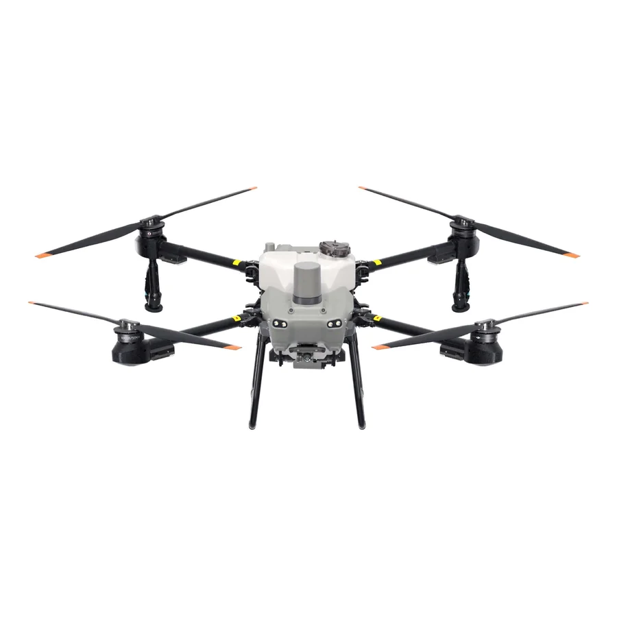 DJI Agras T25 spraying drone, front view, four arms with folding propellers and the spray tank between them.
