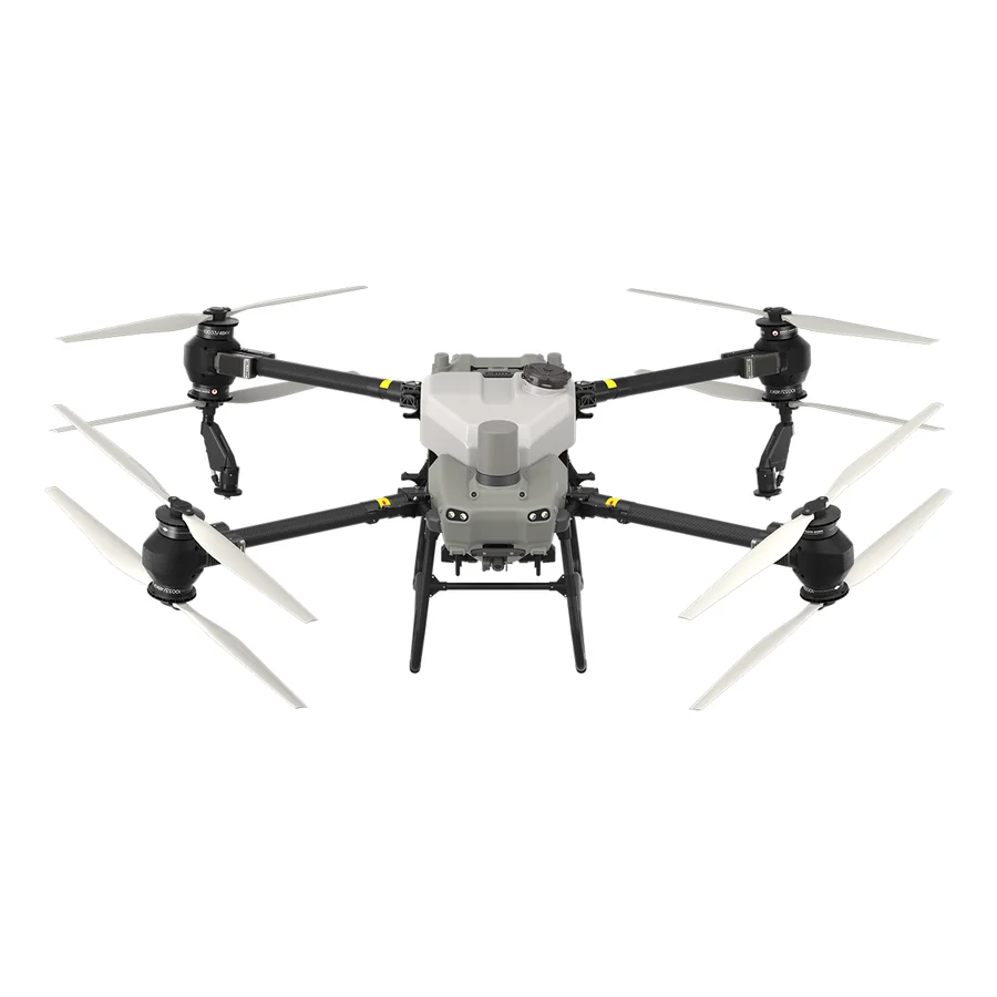 DJI Agras T50 spraying drone, front view, four arms carrying coaxial propeller pairs above the spray tank.